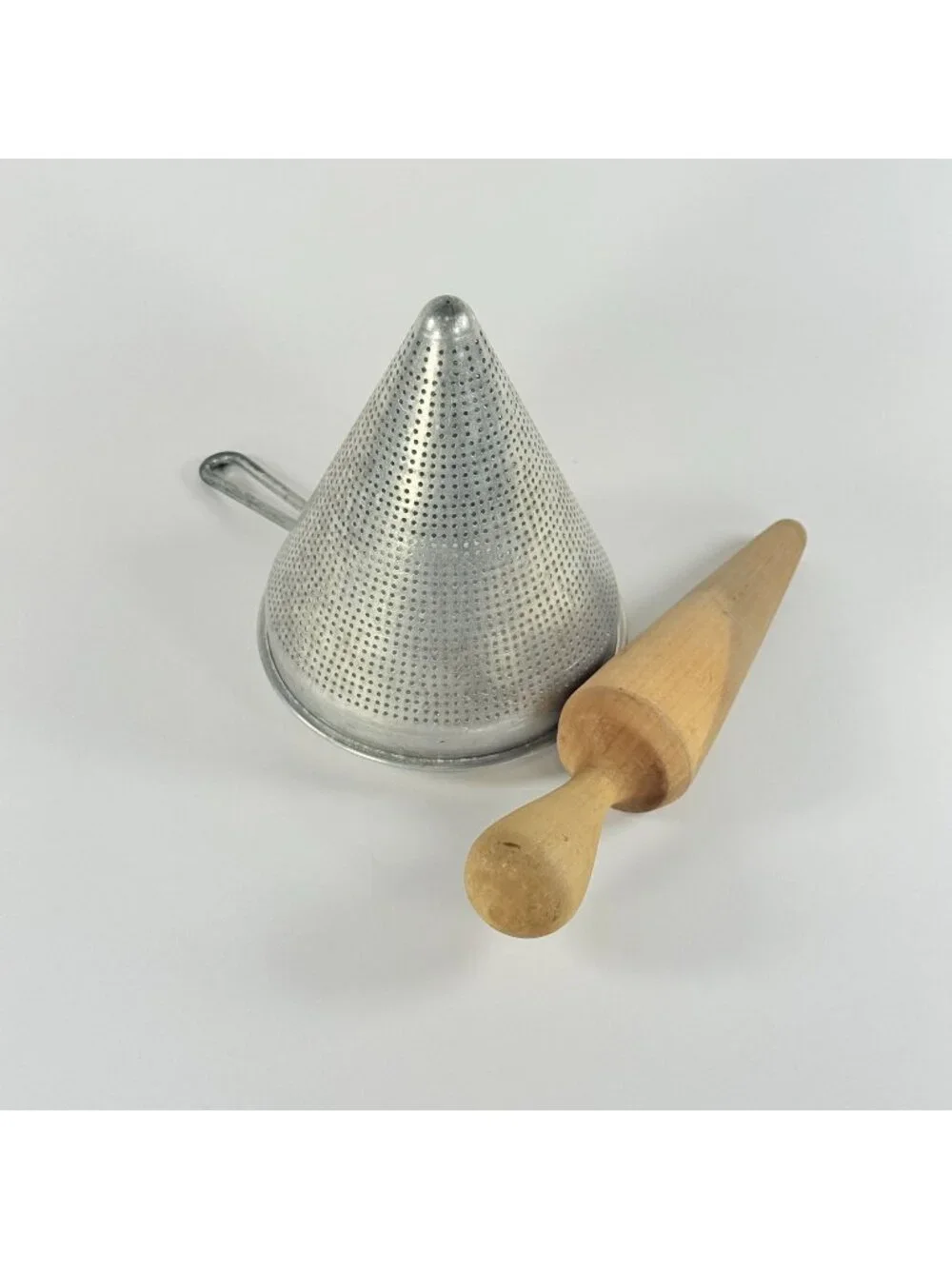 Vintage Wear Ever Aluminum Apple Sauce Cone Colander & Wooden Pestle No. 28 USA